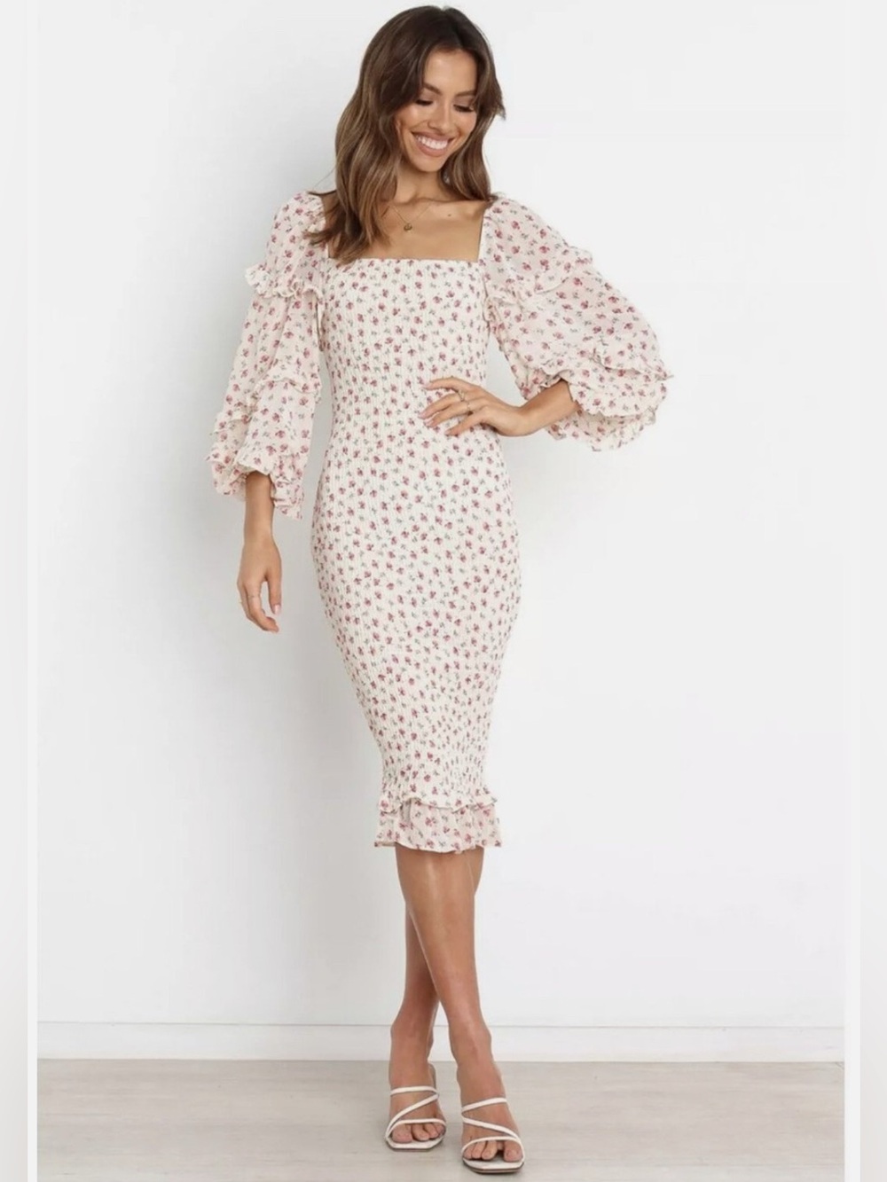 Petal & Pup- Leia Midi Dress in Cream and Pink Floral Print Size 8